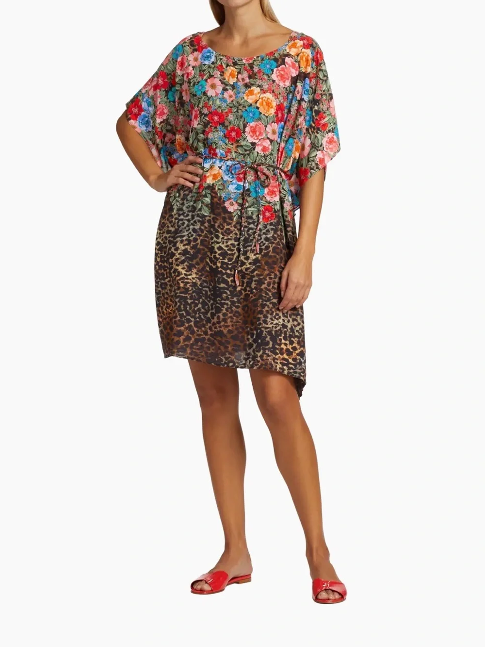 Johnny Was Belted Floral & Cheetah-Print Coverup